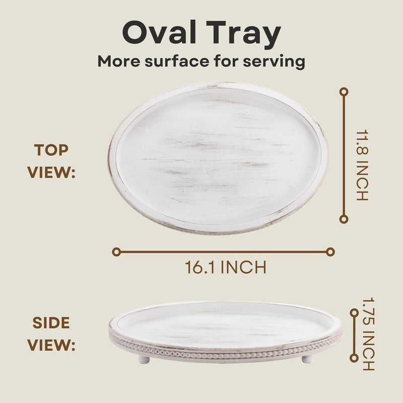 FESTWIND Wooden Tray,Oval Decorative Tray for Coffee Table Kitchen Dinning Table Entryway, Small Beaded Tray for Holidays, Farmhouse Centerpiece Decor Weathered White - Image 4